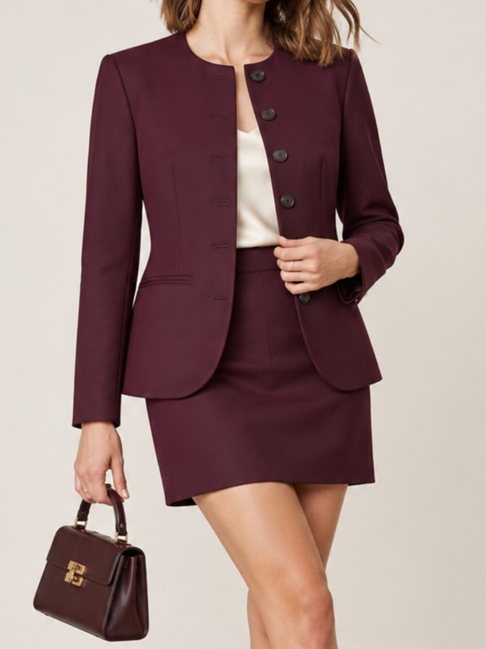 ANN TAYLOR NWT Burgundy Collarless Curved Hem Blazer Jacket - Size 0 Petite - Picture 2 of 16